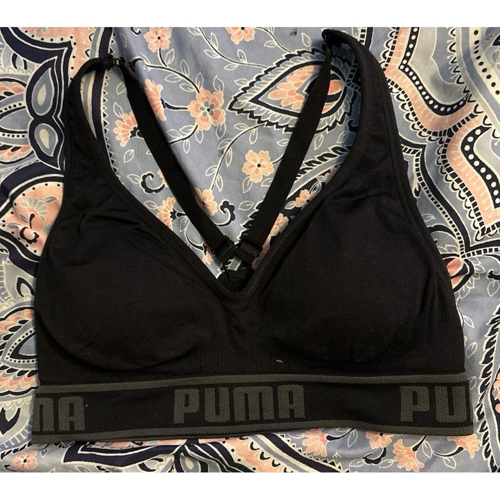 Puma Black Microfiber Padded Logo Band Sports Bra, Medium
